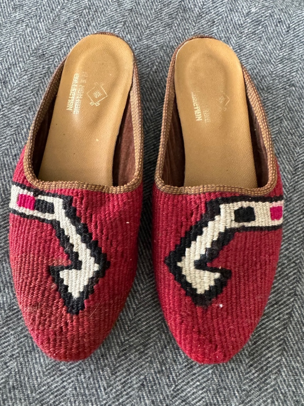 KILIM MULES IN BEAUTIFUL RED TONES, GREAT DESIGN